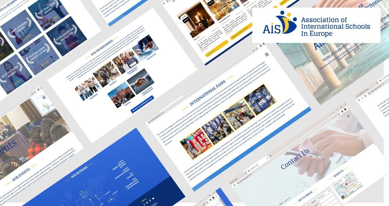 A collage of AIS Europe website and brand pages