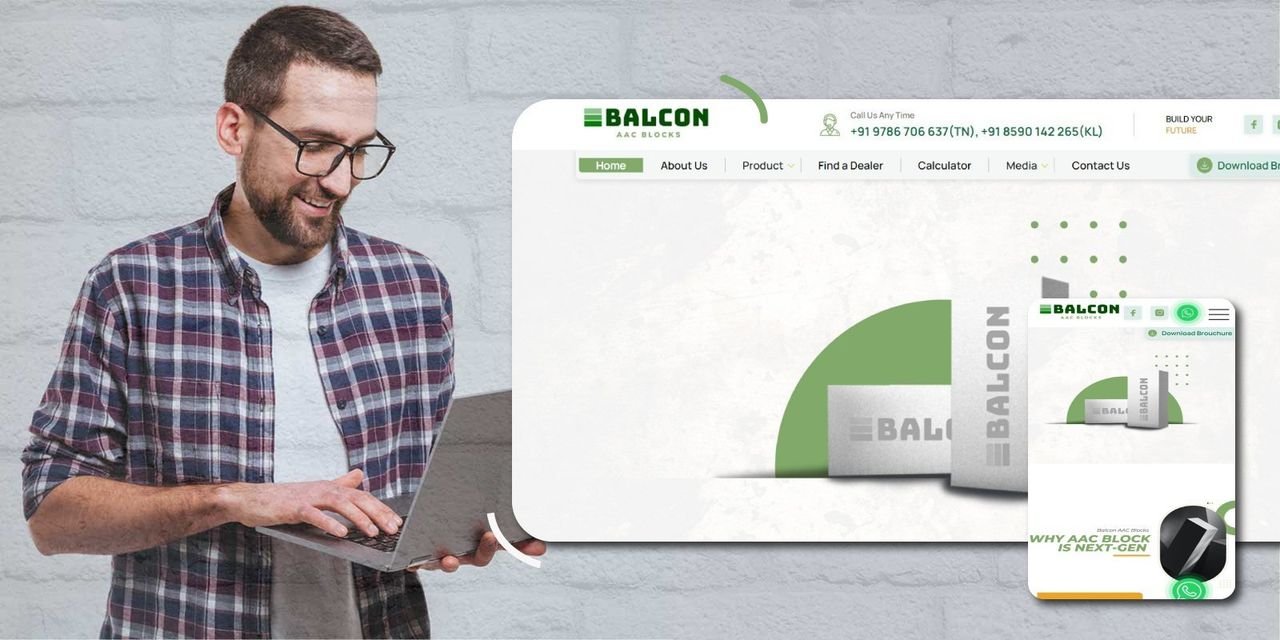A man browsing the Balcon AAC website on a laptop