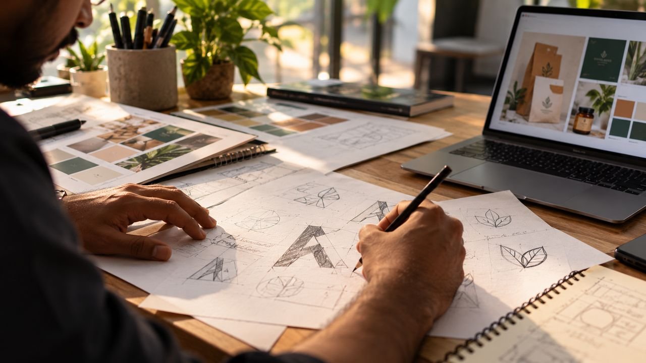 A designer sketching logo concepts in pencil next to colour swatches